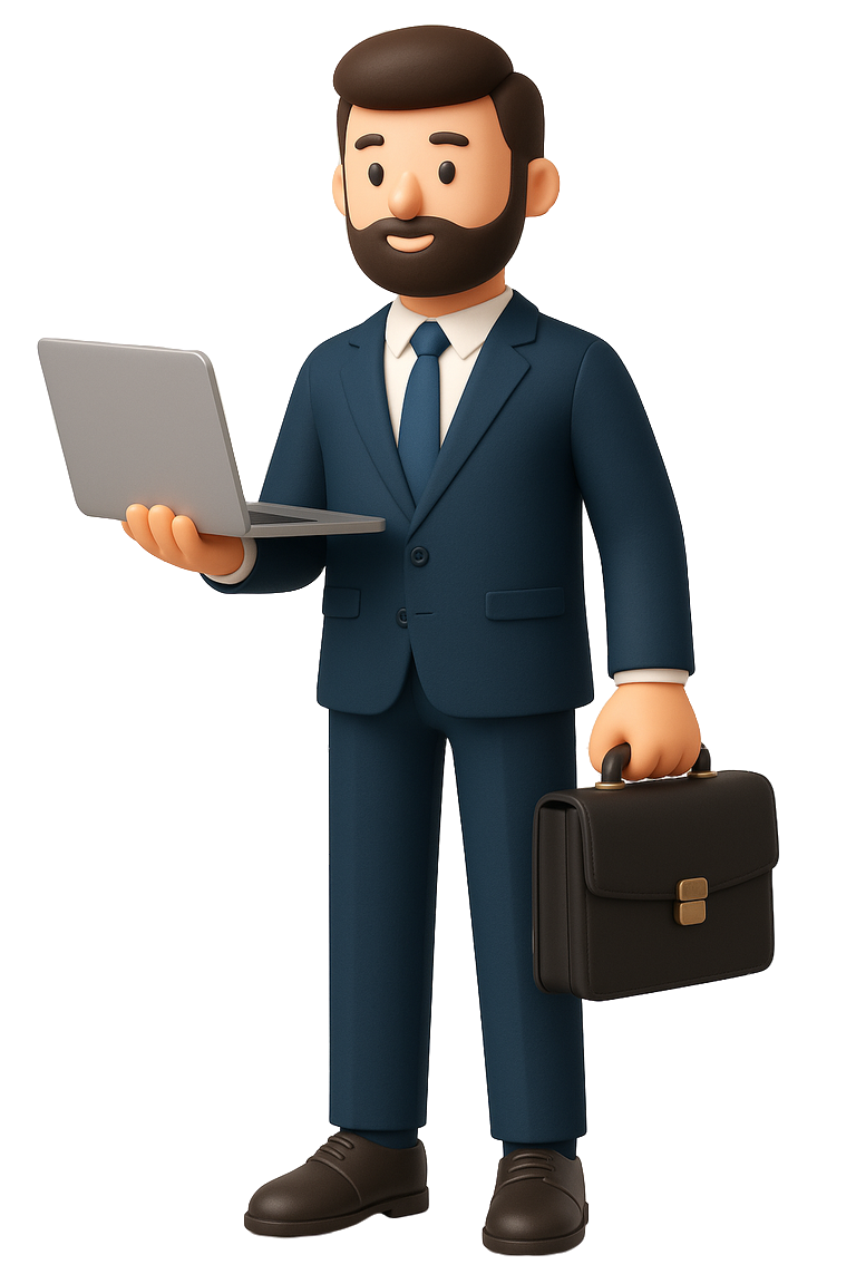 Personnage masculin en costume avec un ordinateur portable et une mallette, illustrant un professionnel dynamique